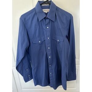 Vtg Sheplers Western Shirt Pearl Snap Mens Small 15-33 Blue Long Sleeve Pockets
